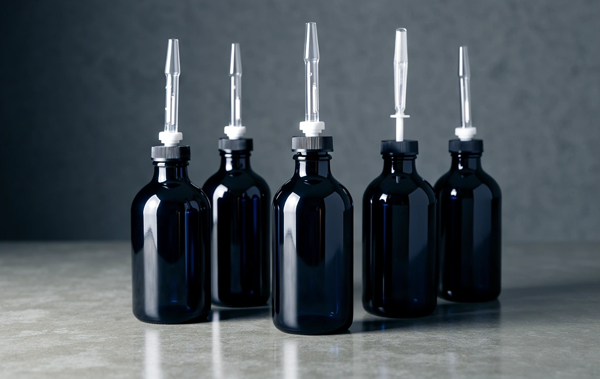Lab grade glass containers on concrete